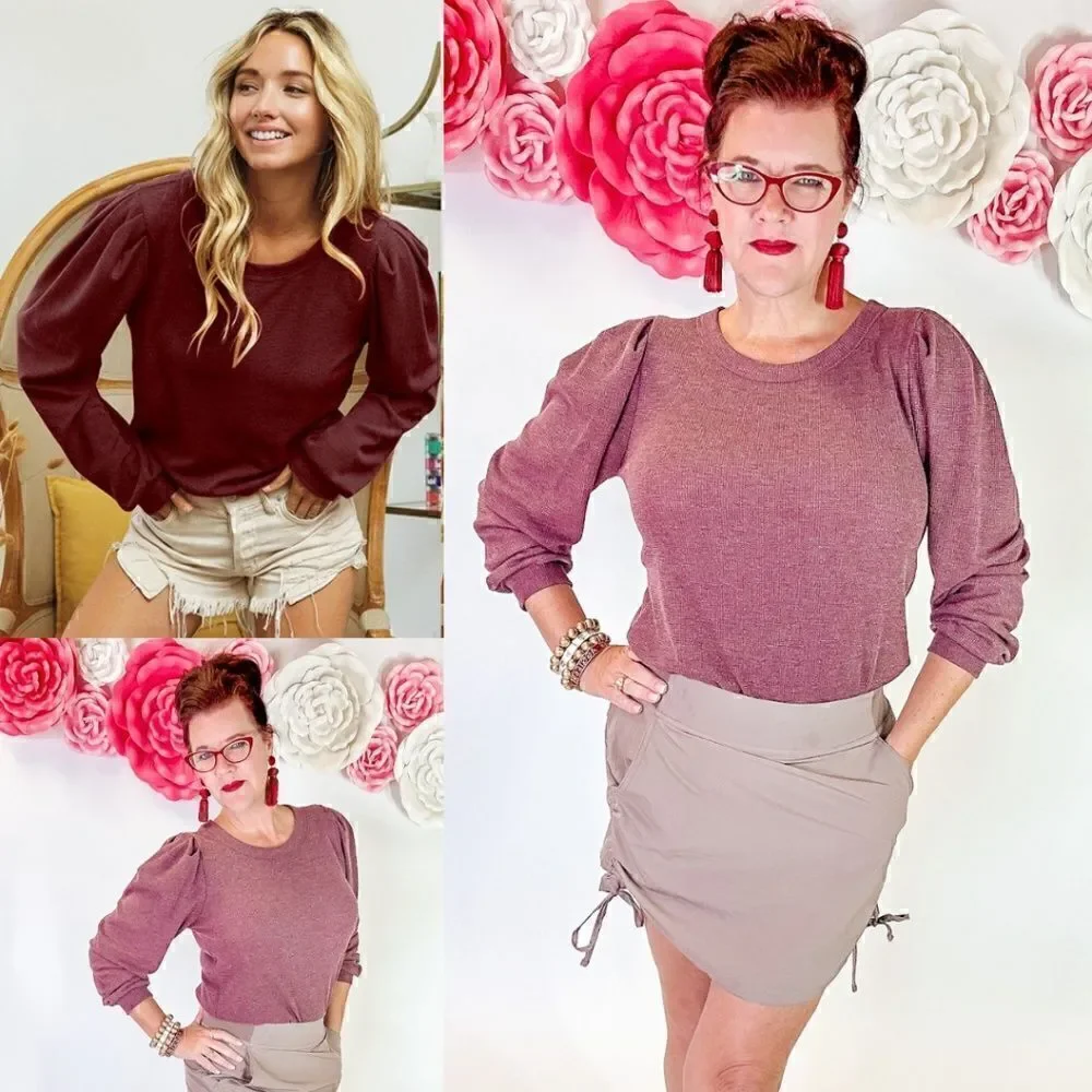 Thermal Puff Sleeve Crew Neck Top - Picture 1 of 5